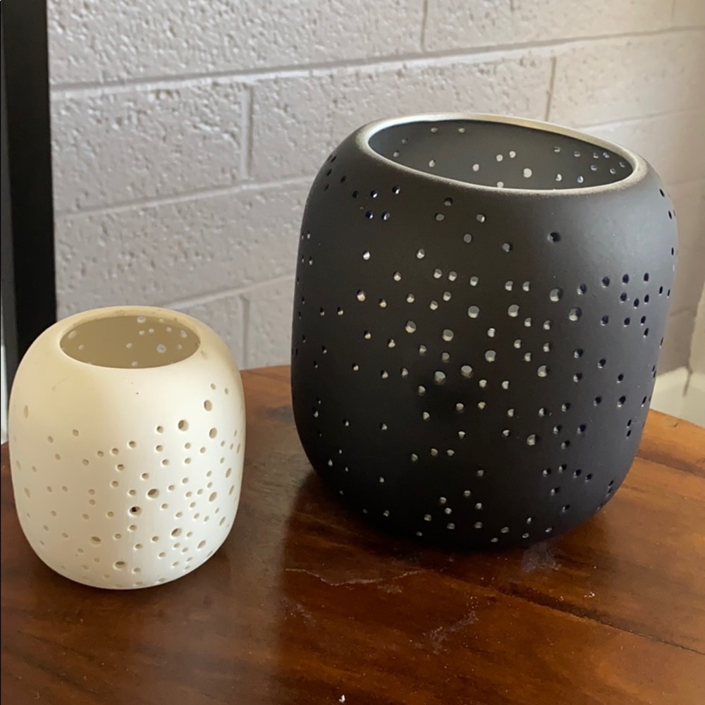 Set of two black and white west elm candle holders